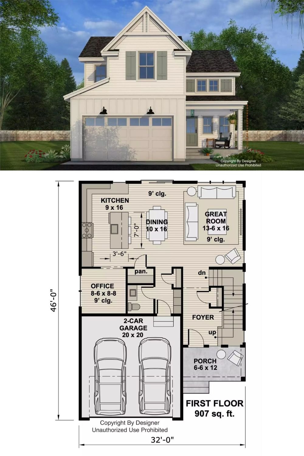 White Stone Farmhouse with Front Porch and 3 Bedrooms (Floor Plan)
