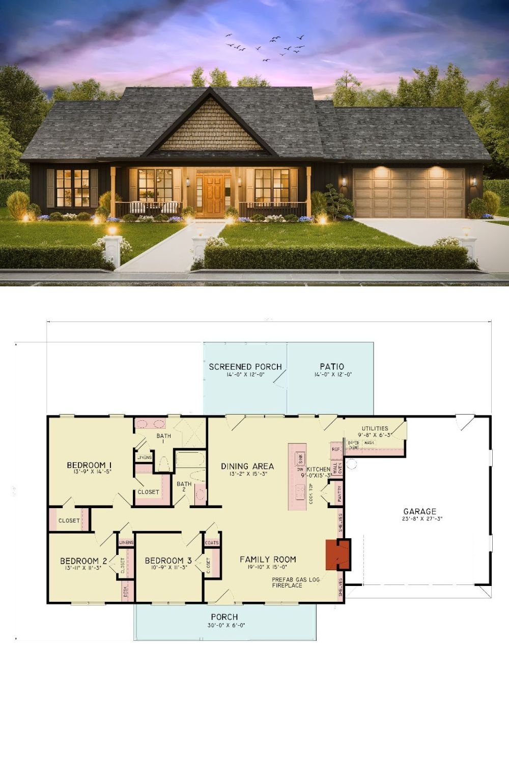 3-Bedroom Yates 3 Lake House with Covered Front Porch and Double Garage (Floor Plan)