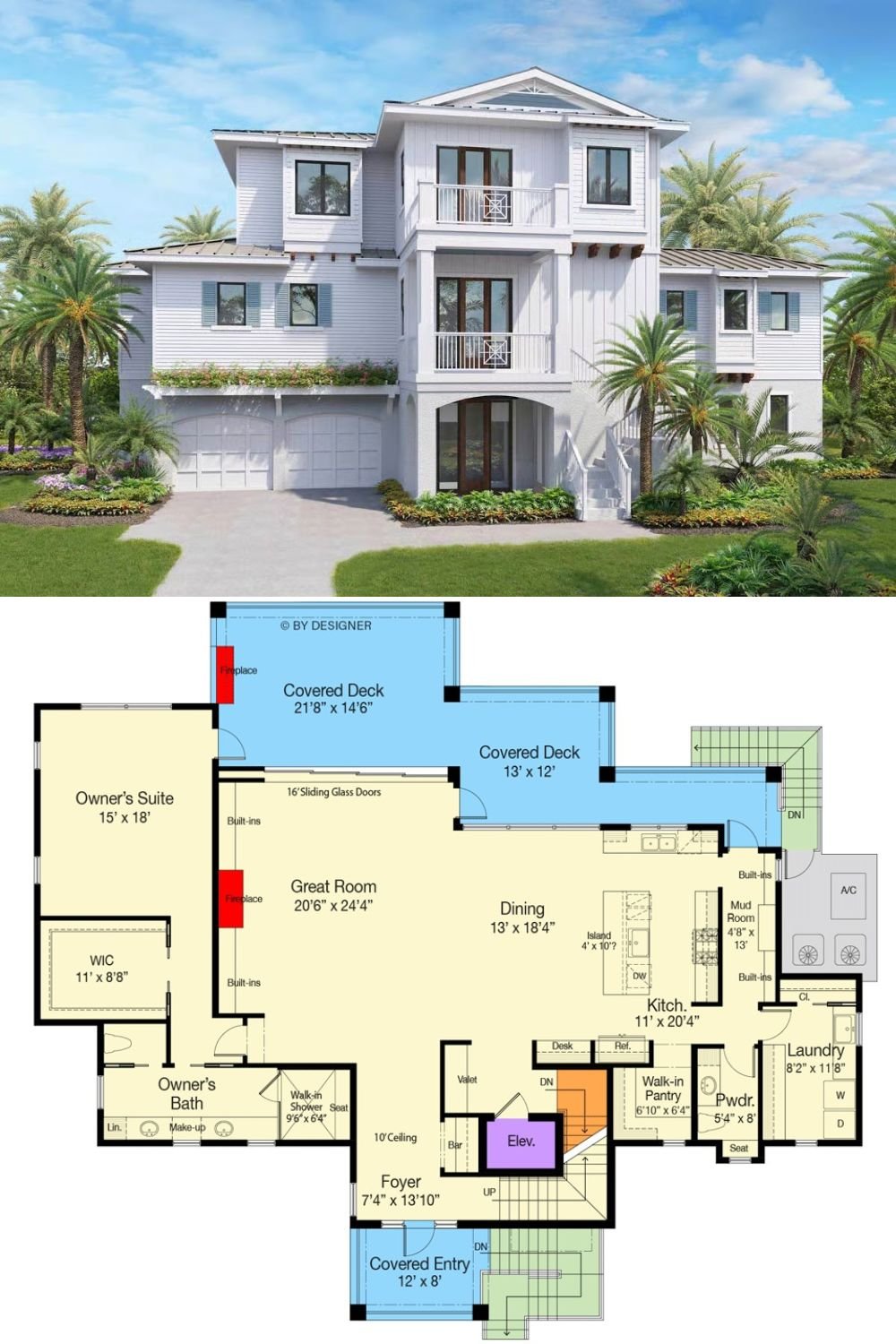 Coastal Contemporary 4-Bedroom Home with Kids’ Loft and Elevator (Floor Plan)