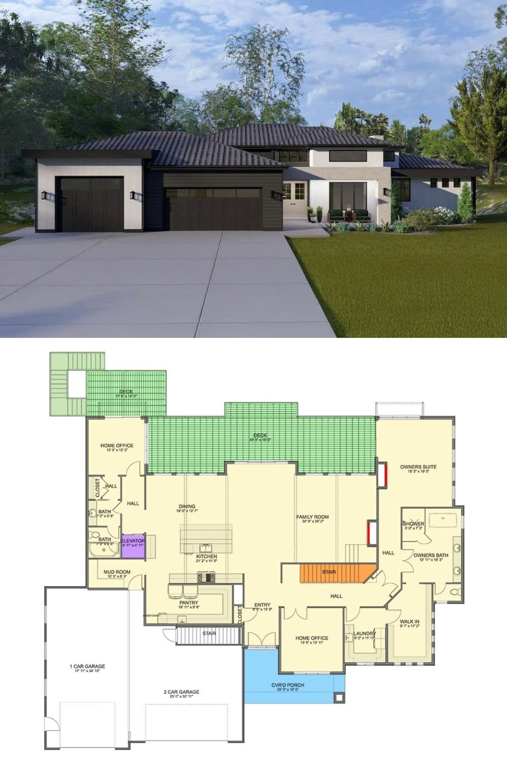Contemporary-Style 4-Bedroom Farmhouse with Elevator and Walkout Basement (Floor Plan)