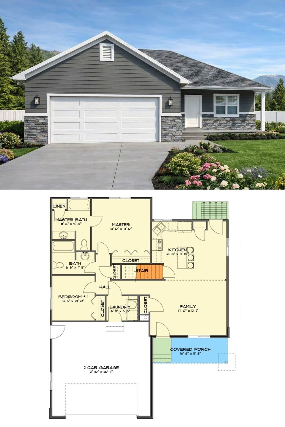 4-Bedroom Craftsman Ranch with Double Garage and Optional Basement (Floor Plan)