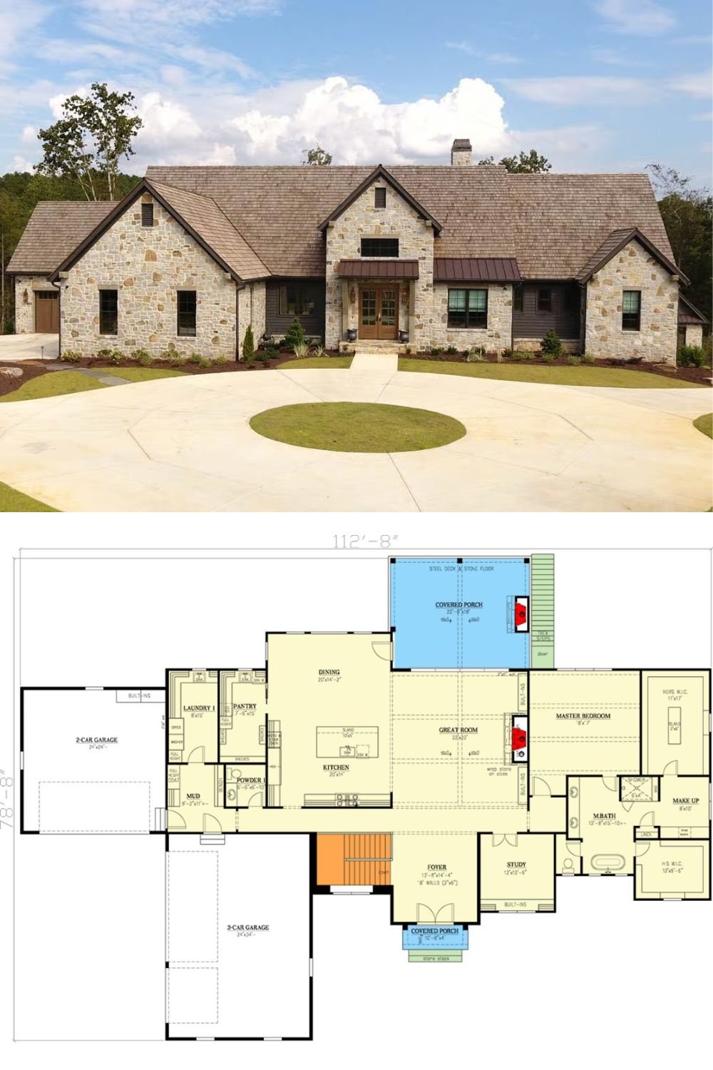 European-Style 4-Bedroom Stone and Wood House for a Wide Lot with 5-Car Garage (Floor Plan)