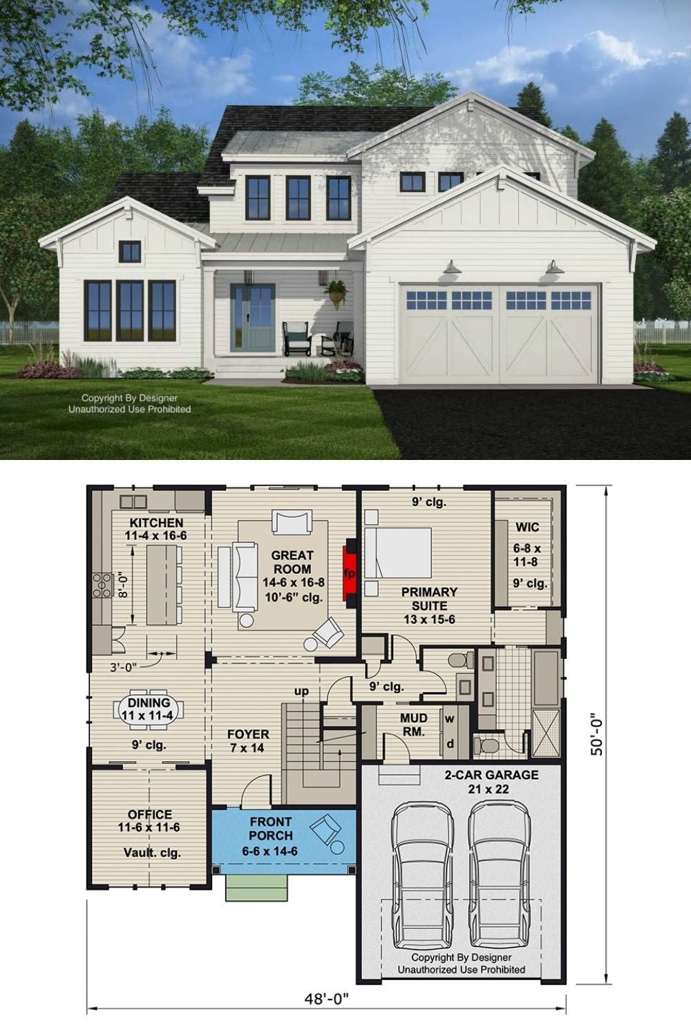4-Bedroom Farmhouse with Loft and Jack & Jill Bathroom (Floor Plan)