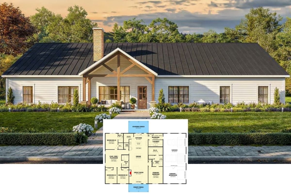 4-Bedroom Modern Farmhouse with Covered Front and Rear Porches (Floor Plan)