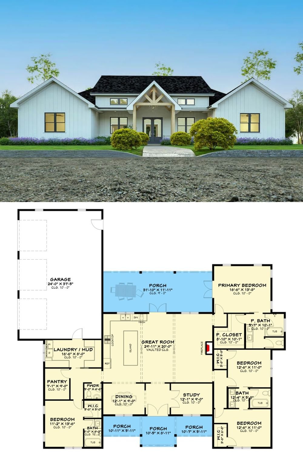 4-Bedroom Modern Farmhouse with 3-Car Garage and Jack & Jill Bath (Floor Plan)
