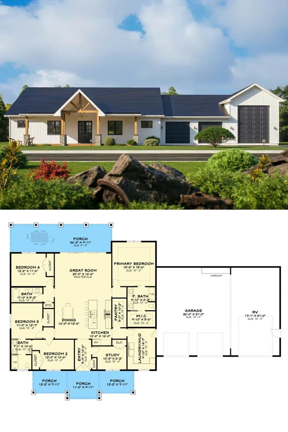 Modern Farmhouse-Style 4-Bedroom Home with RV Garage and Open-Concept Living (Floor Plan