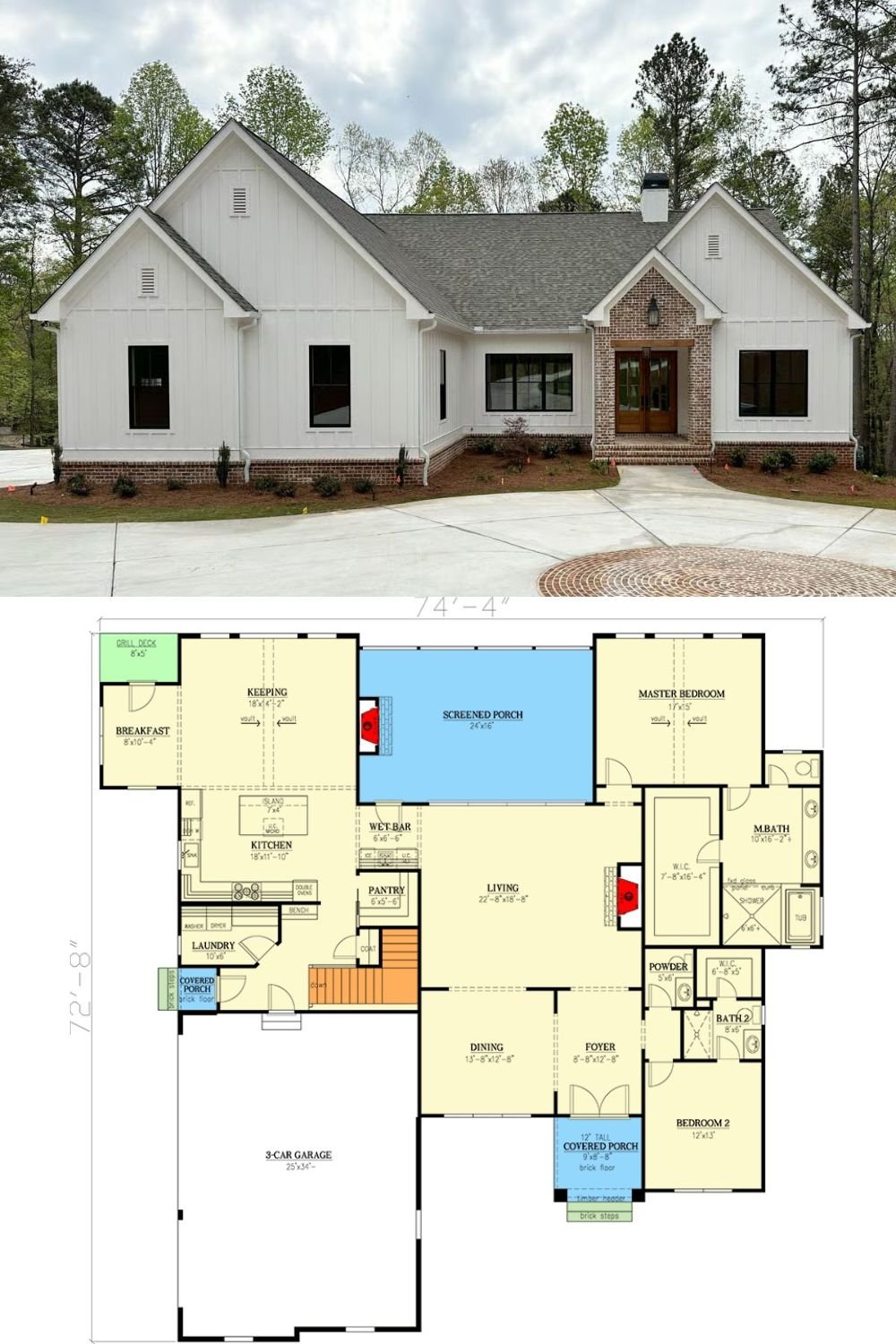 4-Bedroom Modern Farmhouse with 3-Car Garage and Walkout Basement (Floor Plan)