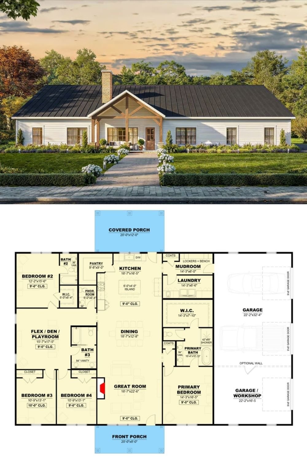 4-Bedroom Modern Farmhouse with Covered Front and Rear Porches (Floor Plan)