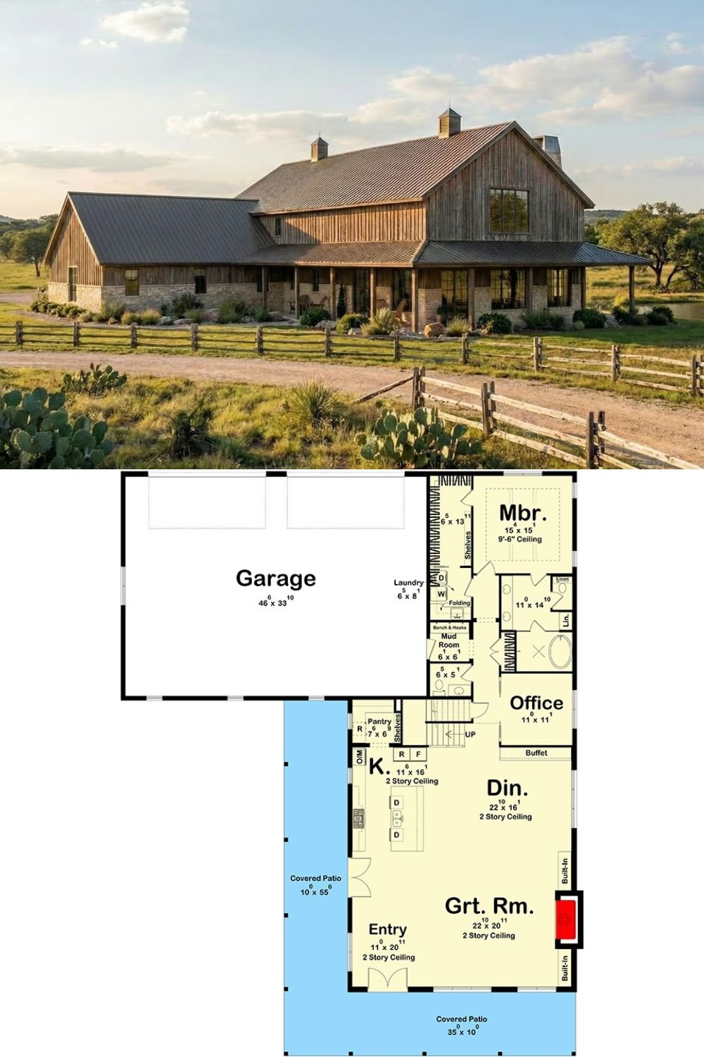 Mountain 4-Bedroom Barndominium with Loft and Wraparound Porch (Floor Plan)