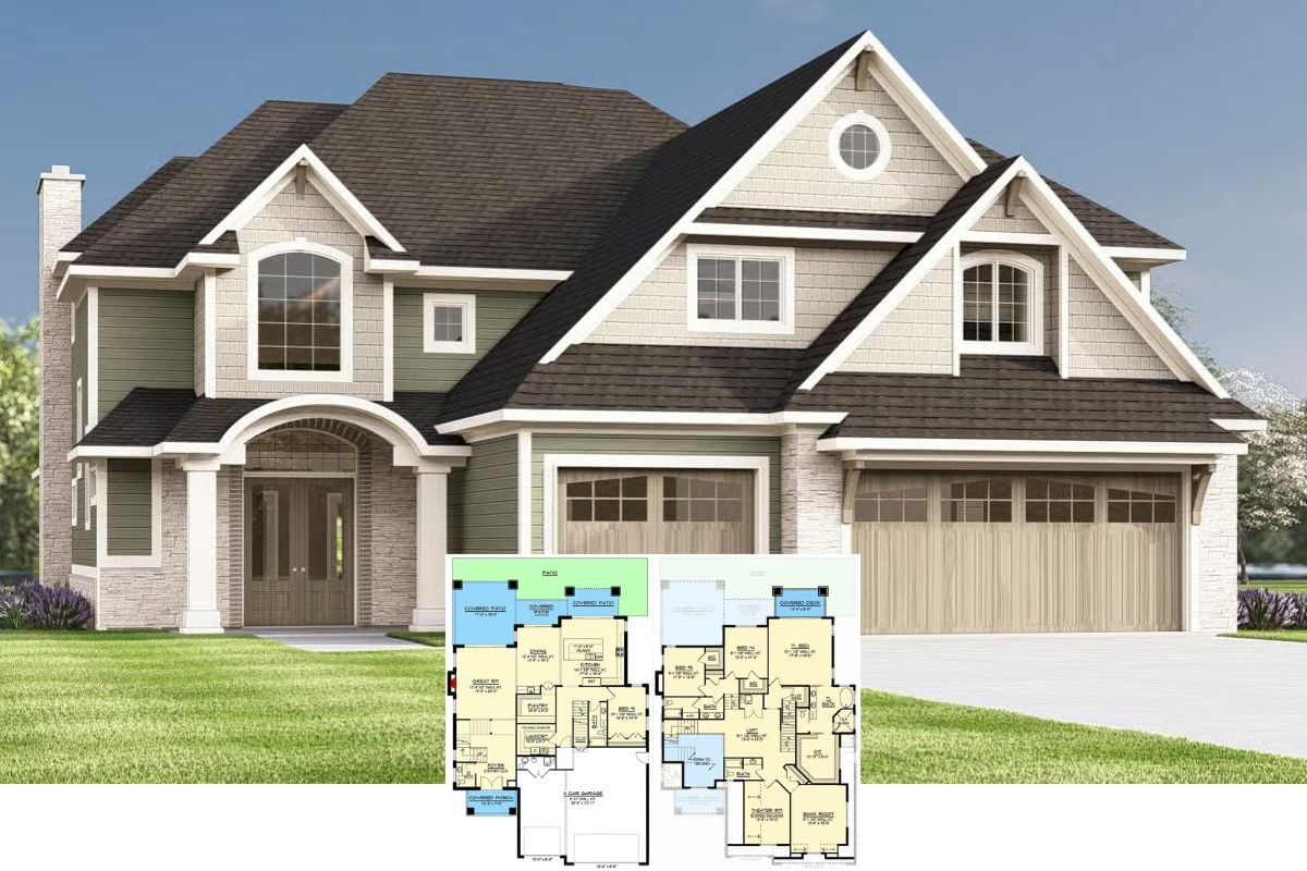 New American-Style 4-Bedroom Craftsman Home with Covered Patio and Loft (Floor Plan)