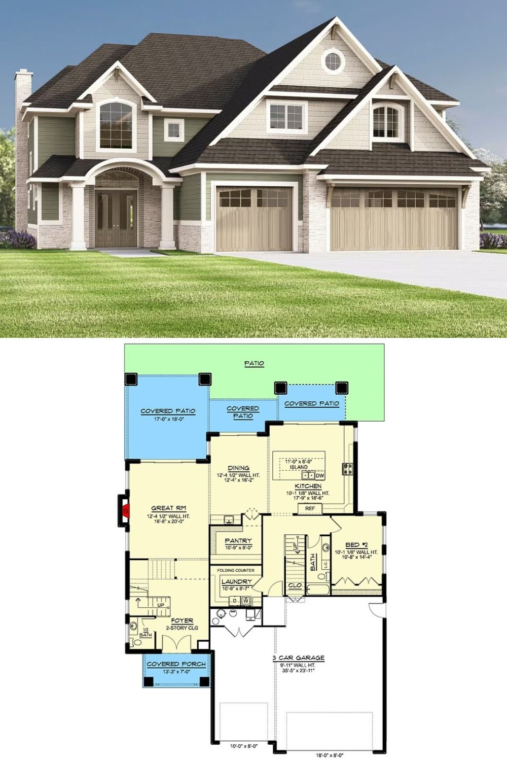 New American-Style 4-Bedroom Craftsman Home with Covered Patio and Loft (Floor Plan)