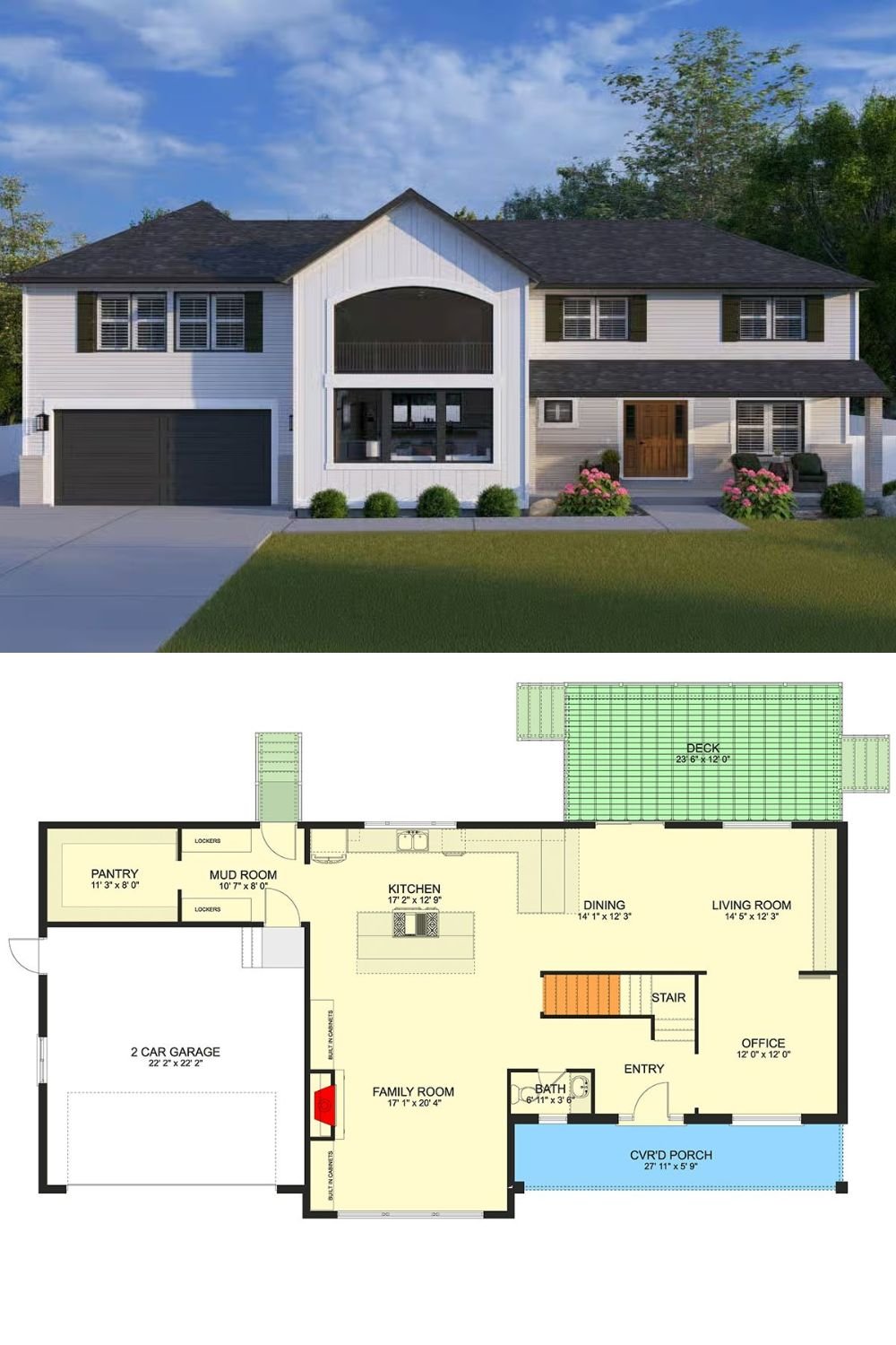 4-Bedroom New American Home with Front Porch and Balcony Loft (Floor Plan)