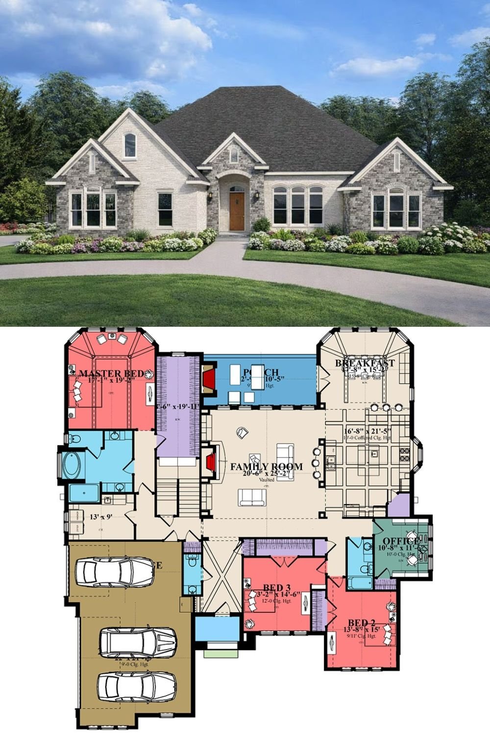 European 4-Bedroom New American Home with Bonus Room and 3-Car Garage (Floor Plan)