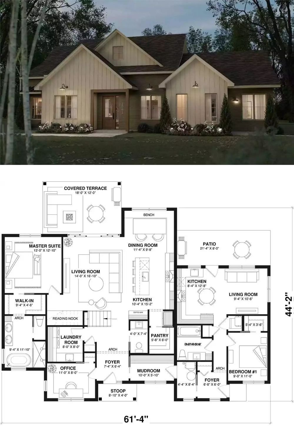 4-Bedroom Rock Grove Farmhouse with In-Law Suite and Covered Patio (Floor Plan)