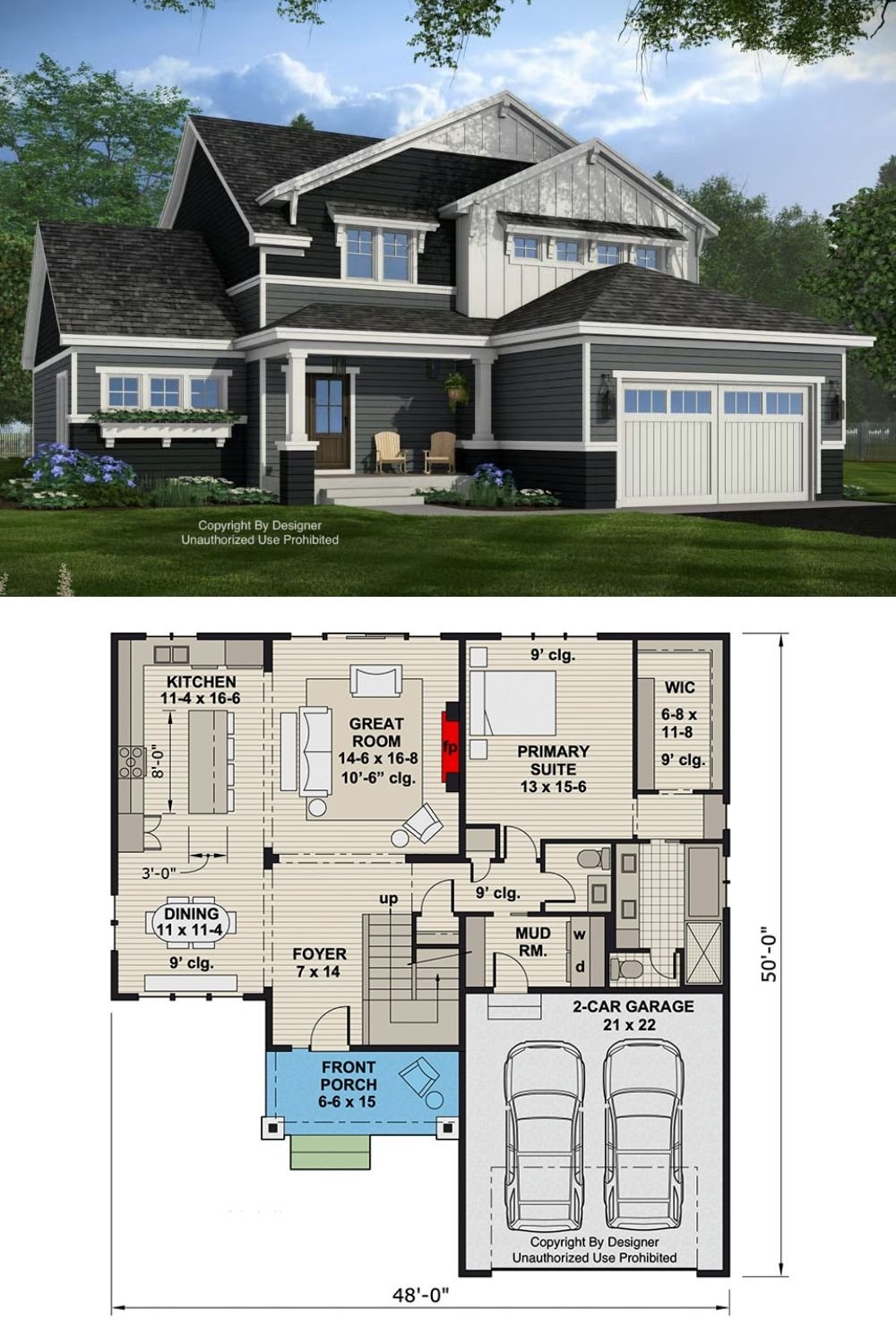 Traditional 4-Bedroom Country Home with Front Porch and Loft (Floor Plan)