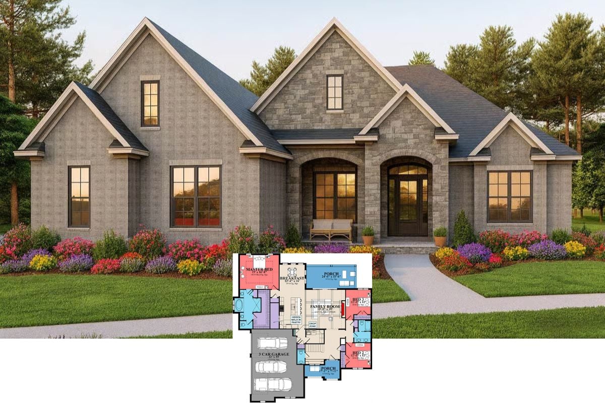 4-Bedroom Traditional European Home with Covered Patio and 3-Car Garage (Floor Plan)