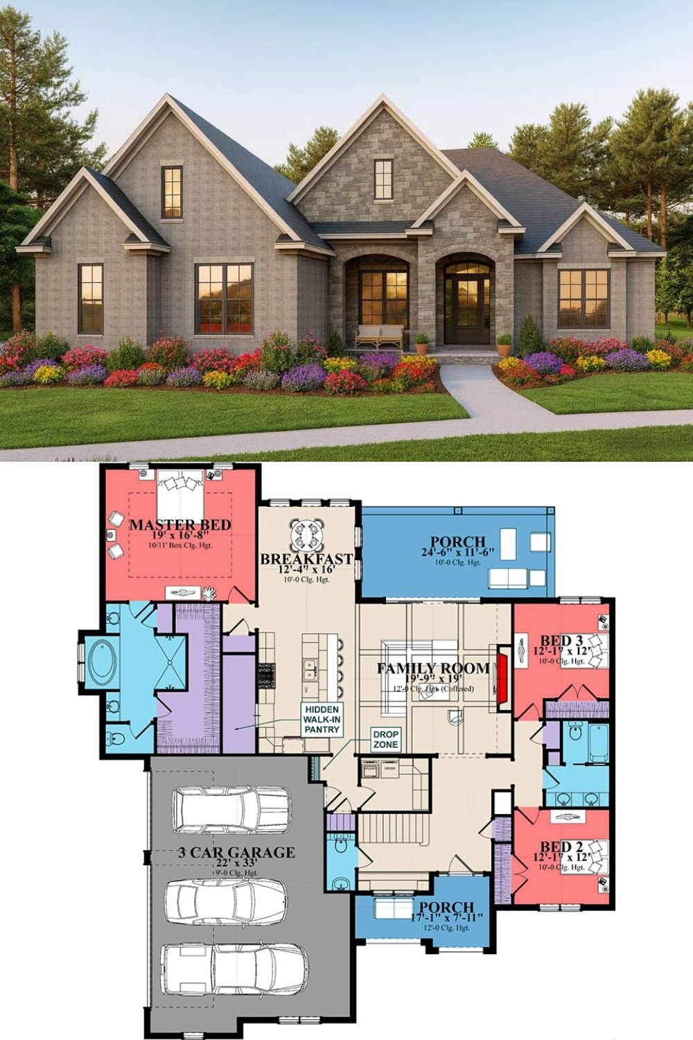 4-Bedroom Traditional European Home with Covered Patio and 3-Car Garage (Floor Plan)