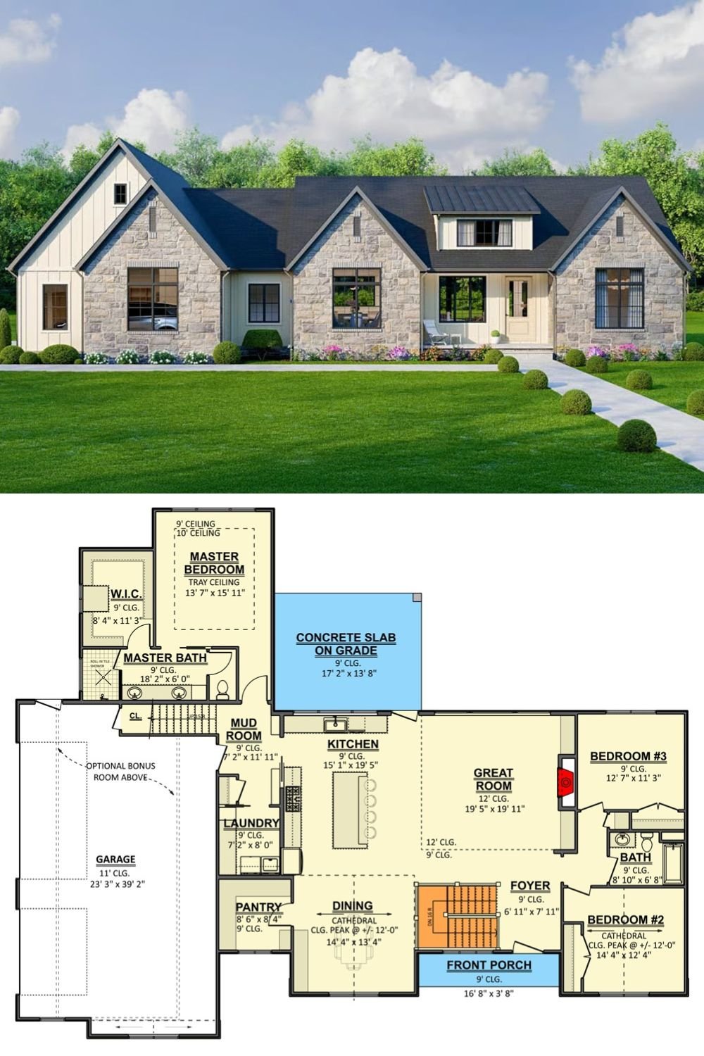 Transitional 4-Bedroom Farmhouse Ranch with 3-Car Garage and Bonus Room (Floor Plan)
