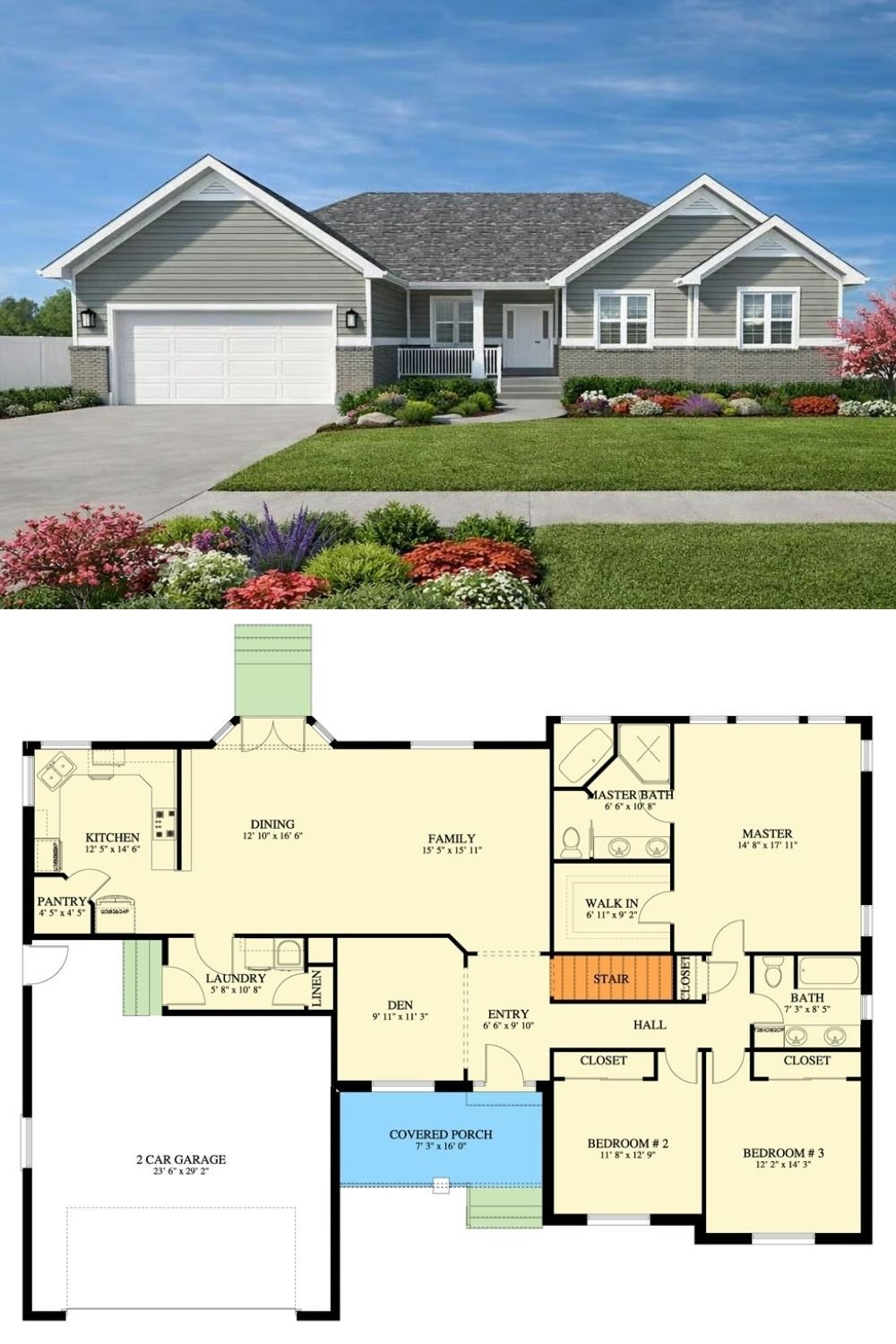 Craftsman 5-Bedroom Ranch with Double Garage and Basement Expansion (Floor Plan)