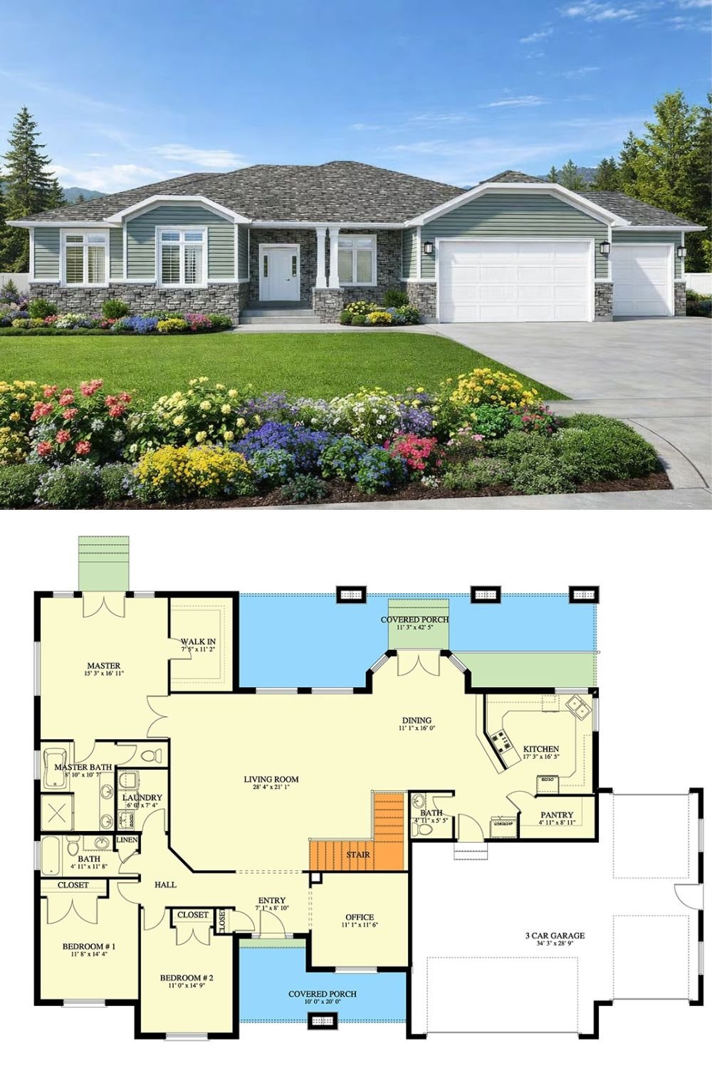 5-Bedroom Craftsman Ranch with Open Living Space and 3-Car Garage (Floor Plan)