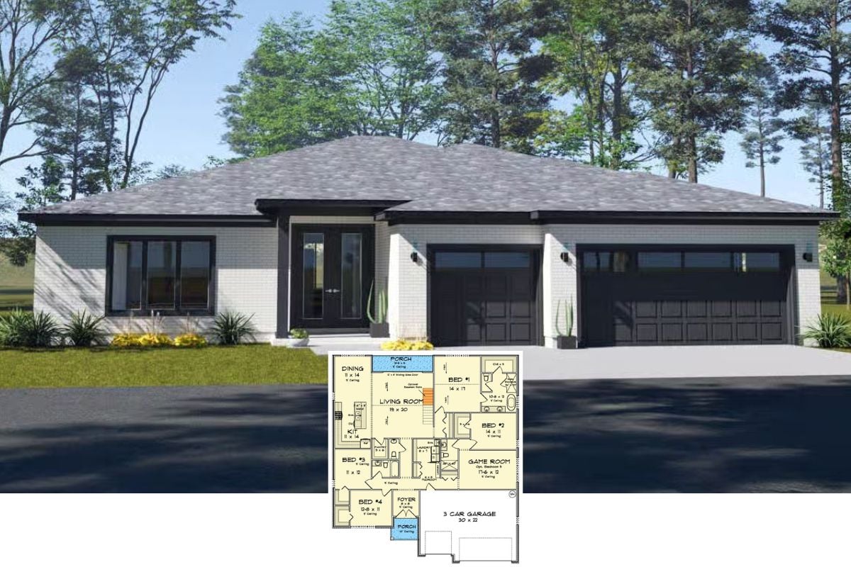 5-Bedroom Mid-Century Modern Home with 3-Car Garage and Covered Patio (Floor Plan)