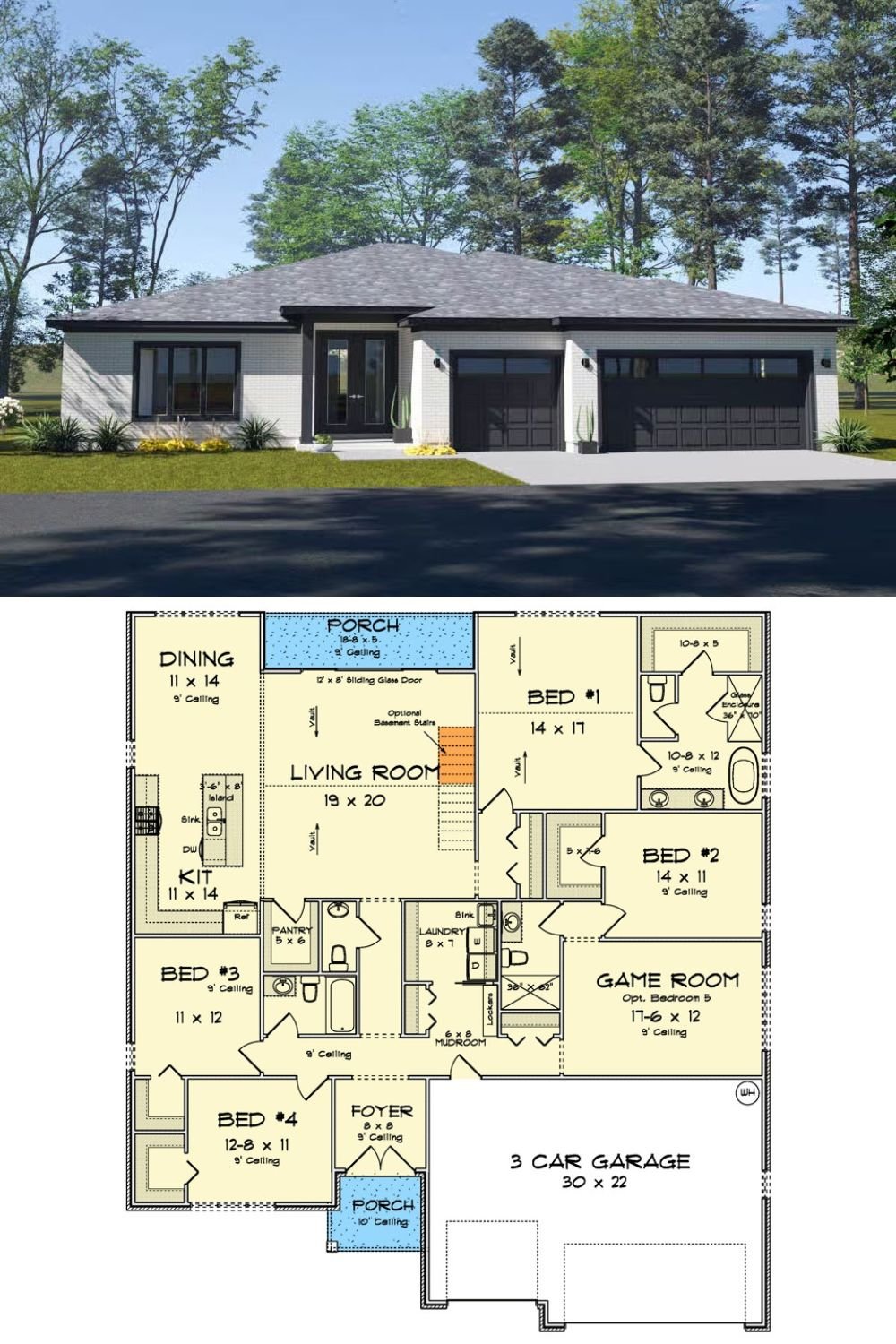 5-Bedroom Mid-Century Modern Home with 3-Car Garage and Covered Patio (Floor Plan)