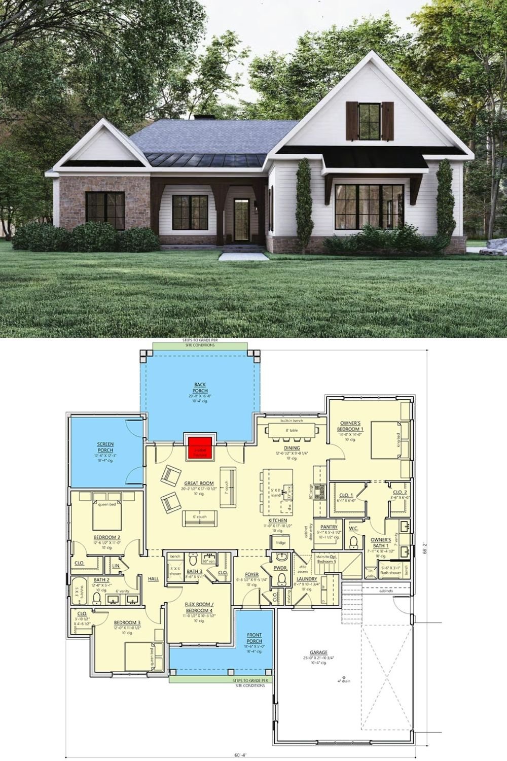5-Bedroom Modern Farmhouse with Bonus Room Above the Double Garage (Floor Plan)