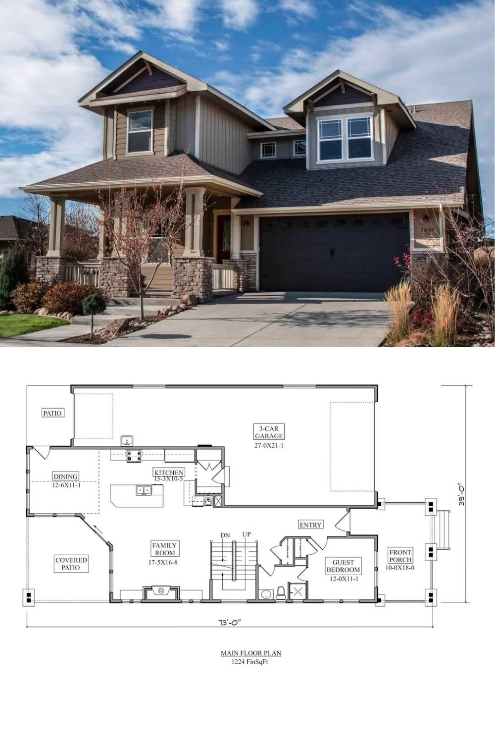 5-Bedroom Modern Home for a Narrow Lot with Basement and 3-Car Garage (Floor Plan)