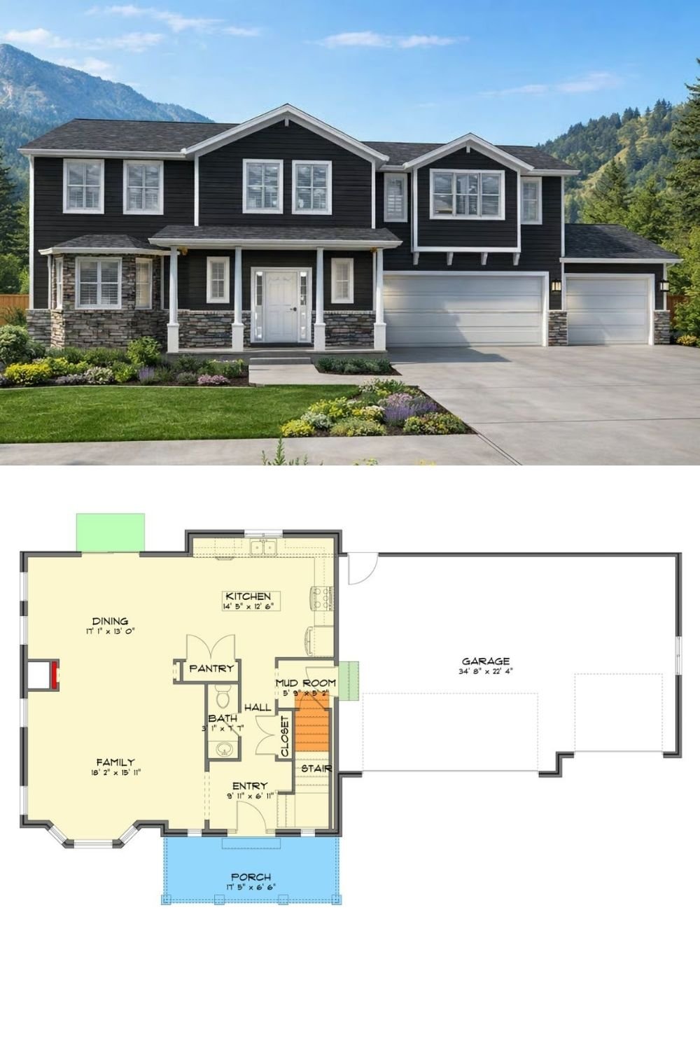 Traditional-Style 5-Bedroom Home with Loft and Front Porch (Floor Plan)