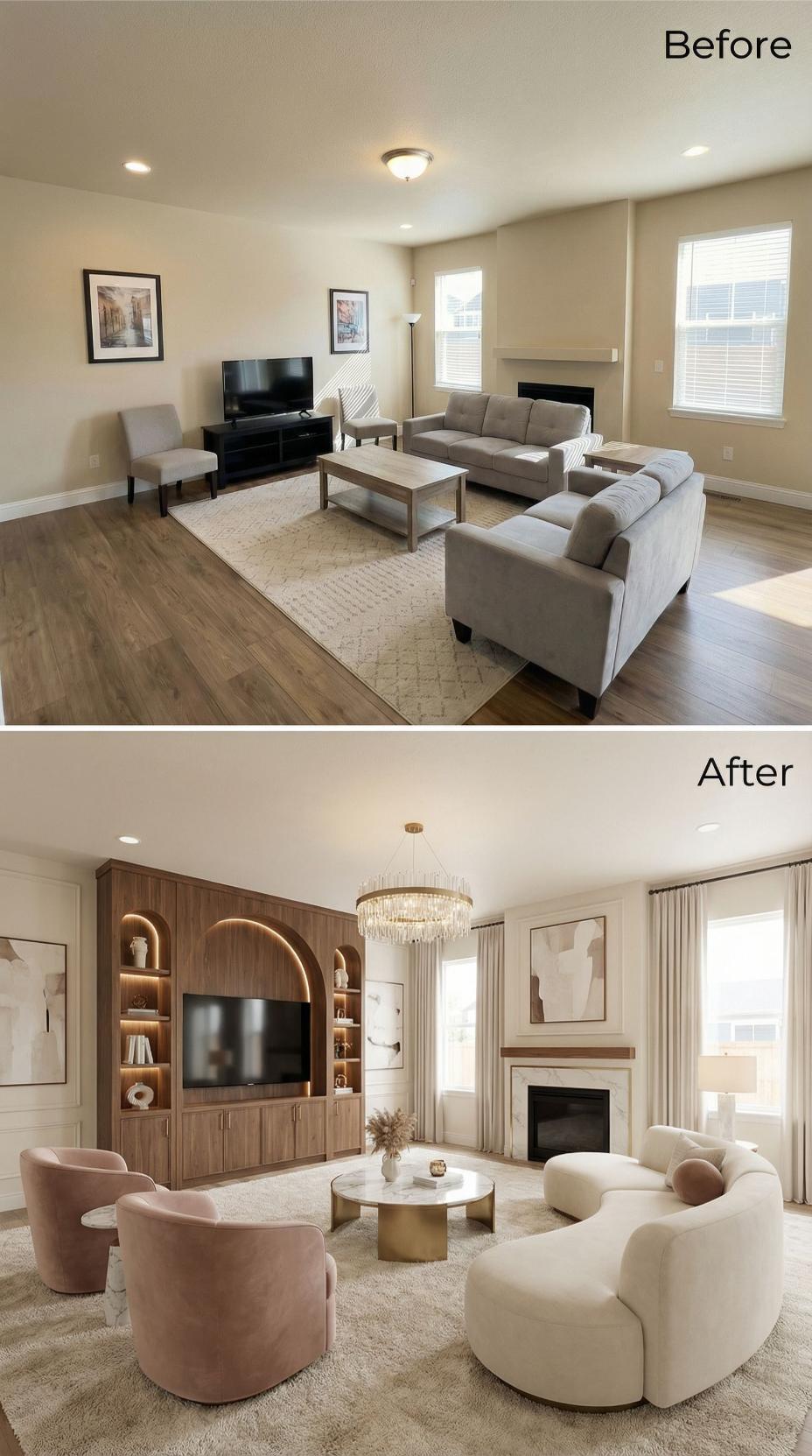 Walnut Built-Ins and a Crystal Chandelier Replace a TV Stand and Two Framed Prints