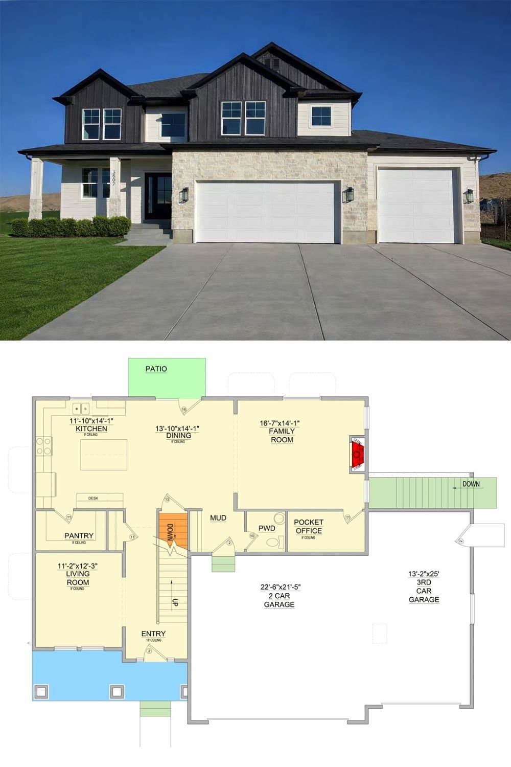6-Bedroom Modern Farmhouse with 3-Car Garage and Basement Expansion (Floor Plan)
