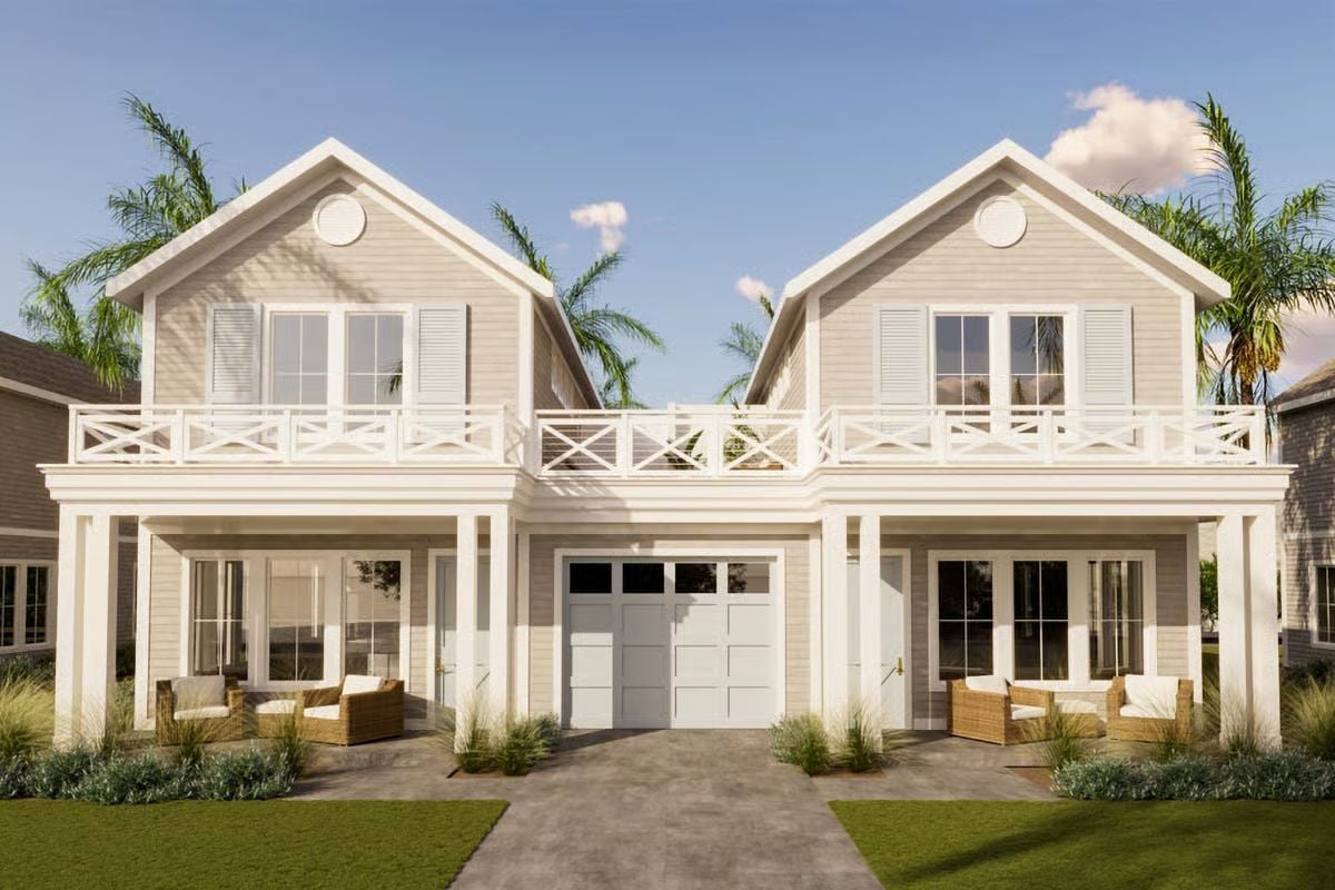 Coastal-Style Duplex with Front Porch and Rooftop Deck (Floor Plan)