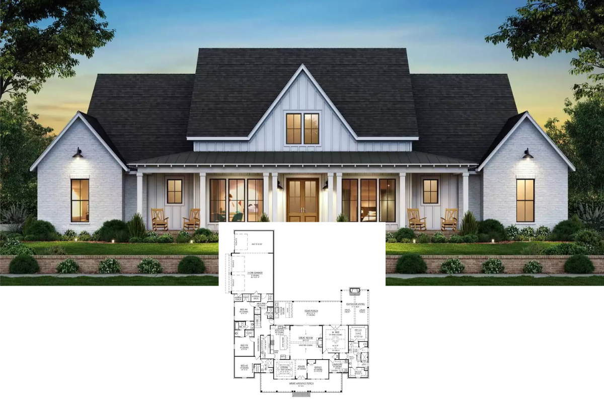 4-Bedroom Modern Farmhouse Home with Bonus Room and Wraparound Porch (Floor Plan)