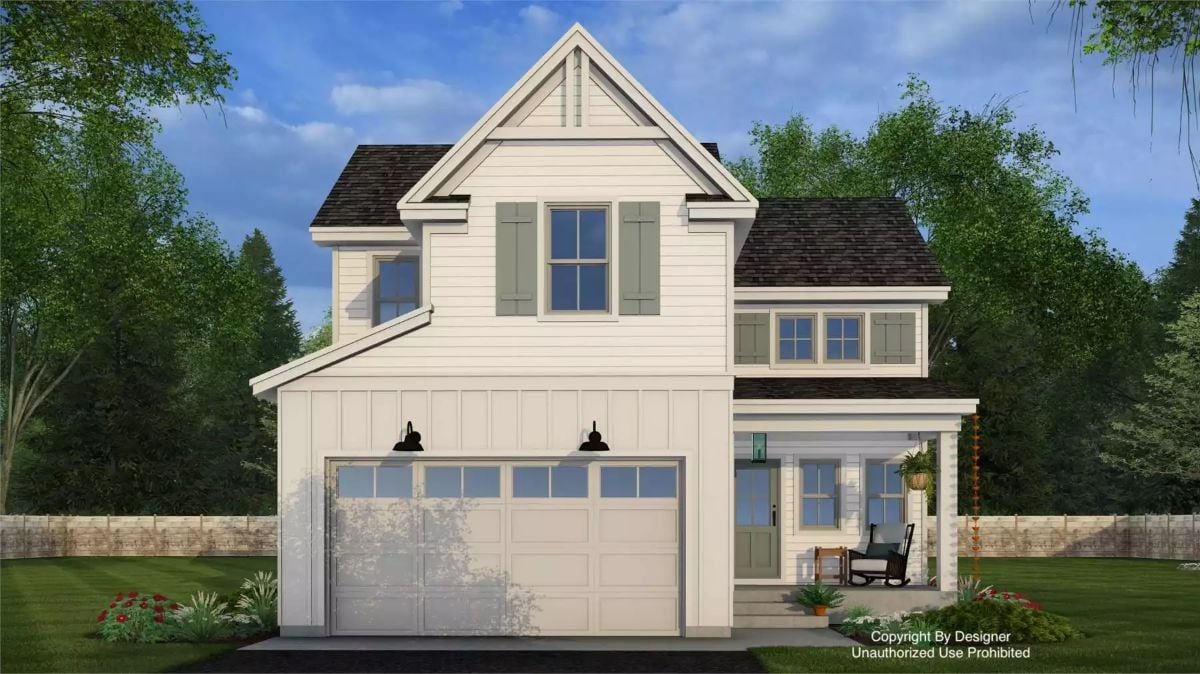 White Stone Farmhouse with Front Porch and 3 Bedrooms (Floor Plan)