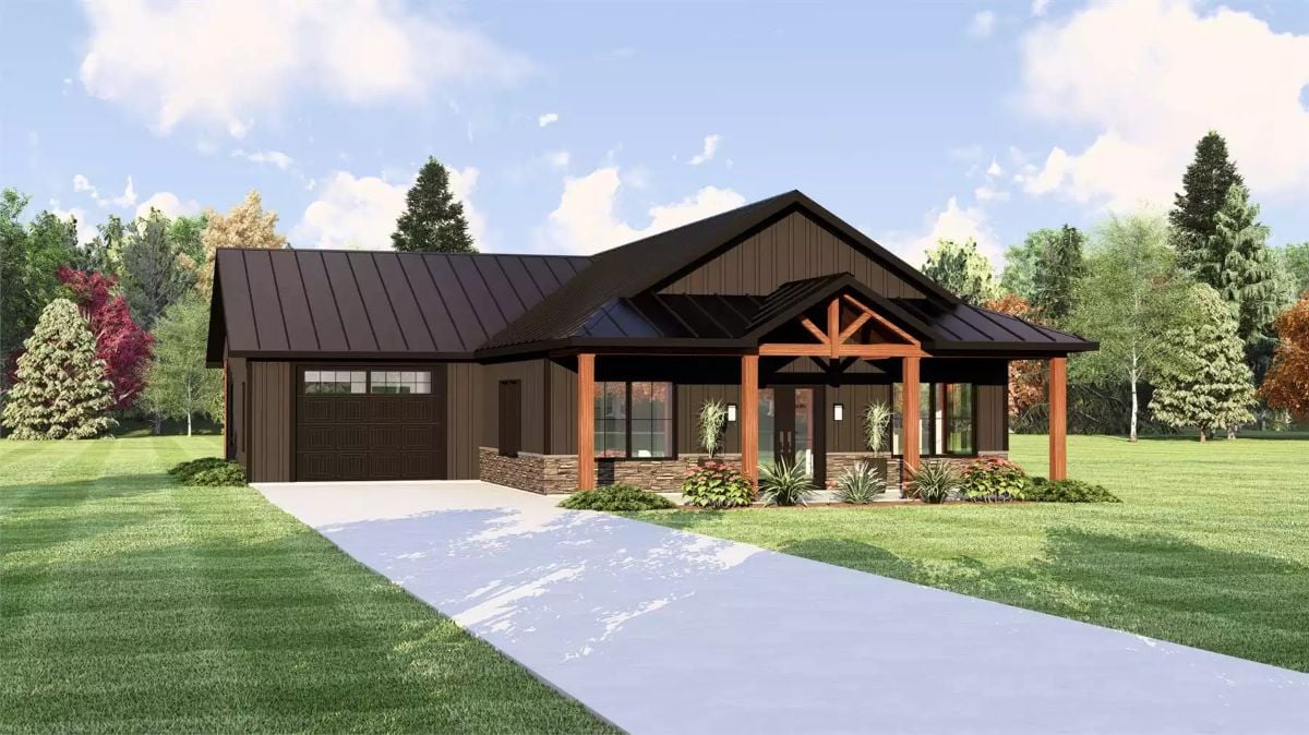 Ranch-Style 1-Bedroom Bingham Cottage with Front Porch and Covered Patio (Floor Plan)