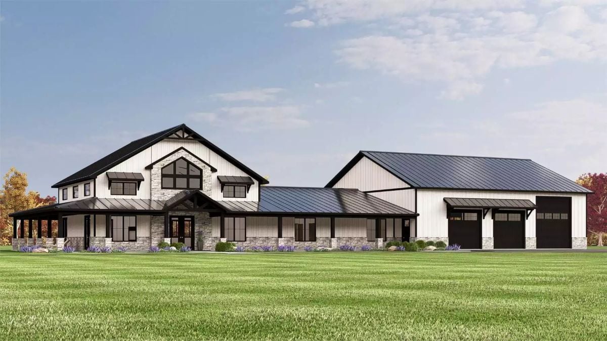 Glendon Hill 3-Bedroom Barndominium for a Wide Lot with Loft and Wraparound Porch (Floor Plan)