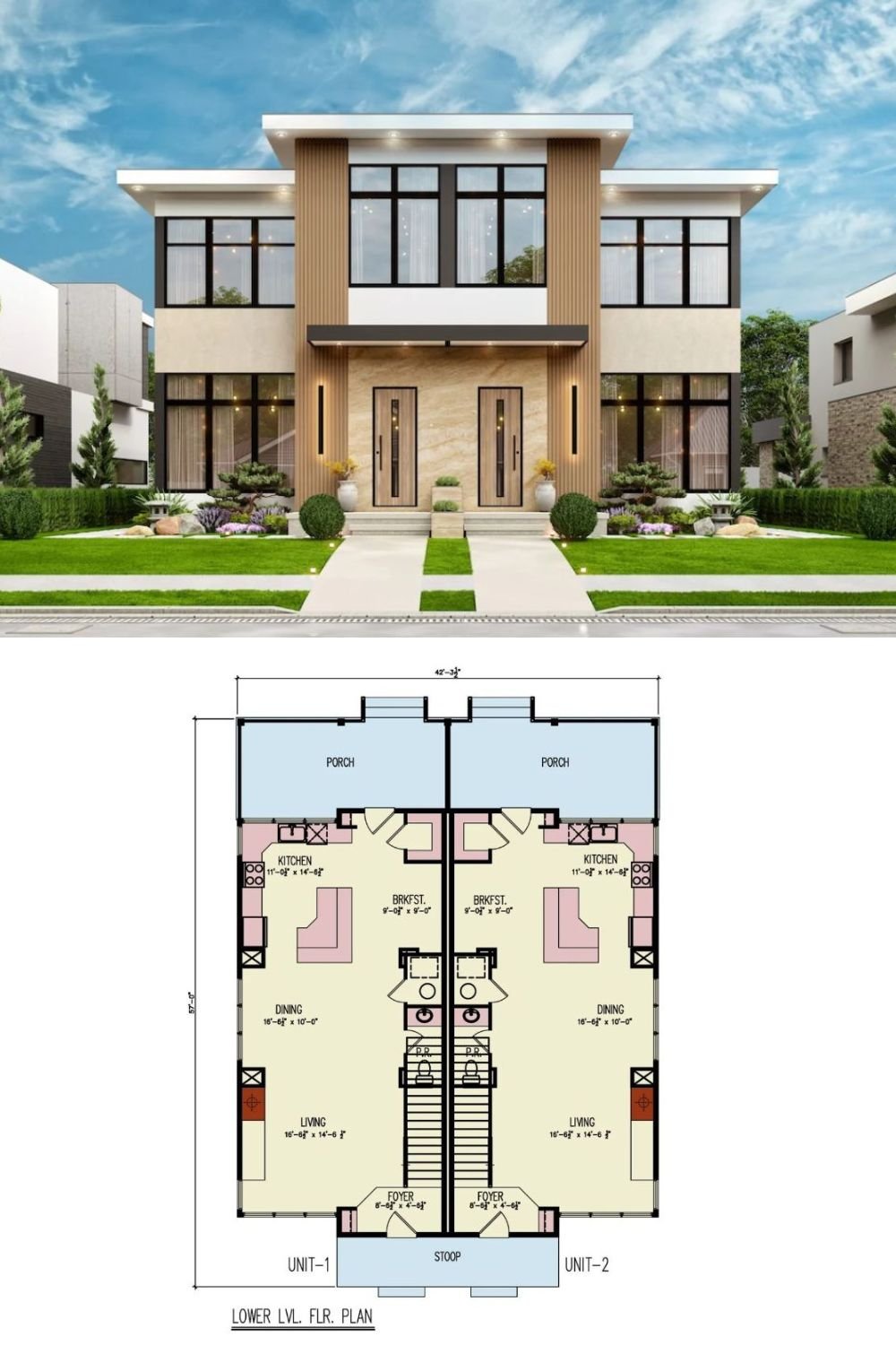 Contemporary-Style Gardner Duplex with Covered Patio and Balcony (Floor Plan)