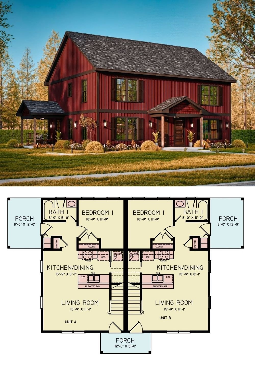 Farmhouse-Style Hunter Duplex with 3-Bed Units and Covered Patios (Floor Plan)