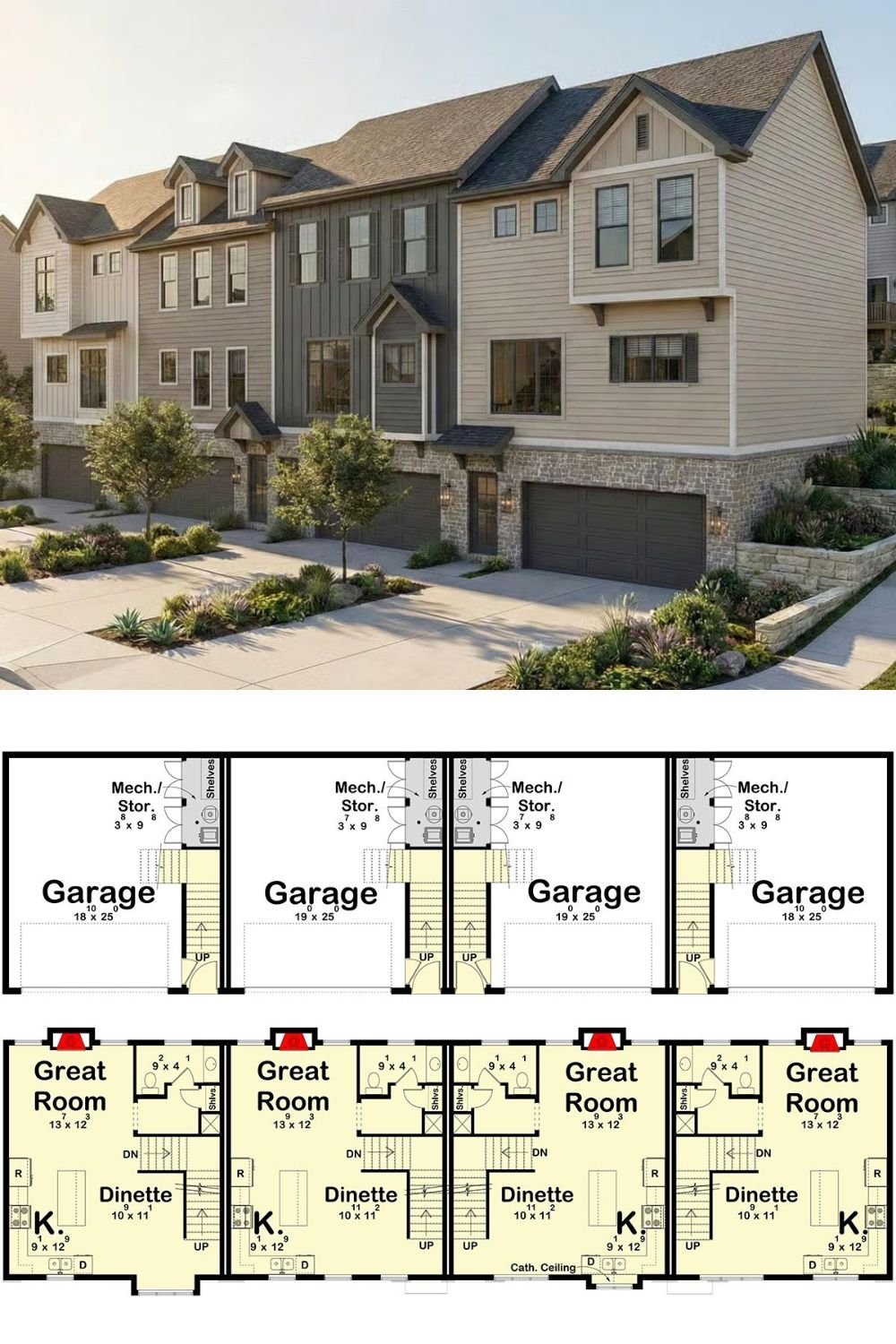 Modern-Style Craftsman Townhome with 2-Bed Units and Drive-Under Garage (Floor Plan)