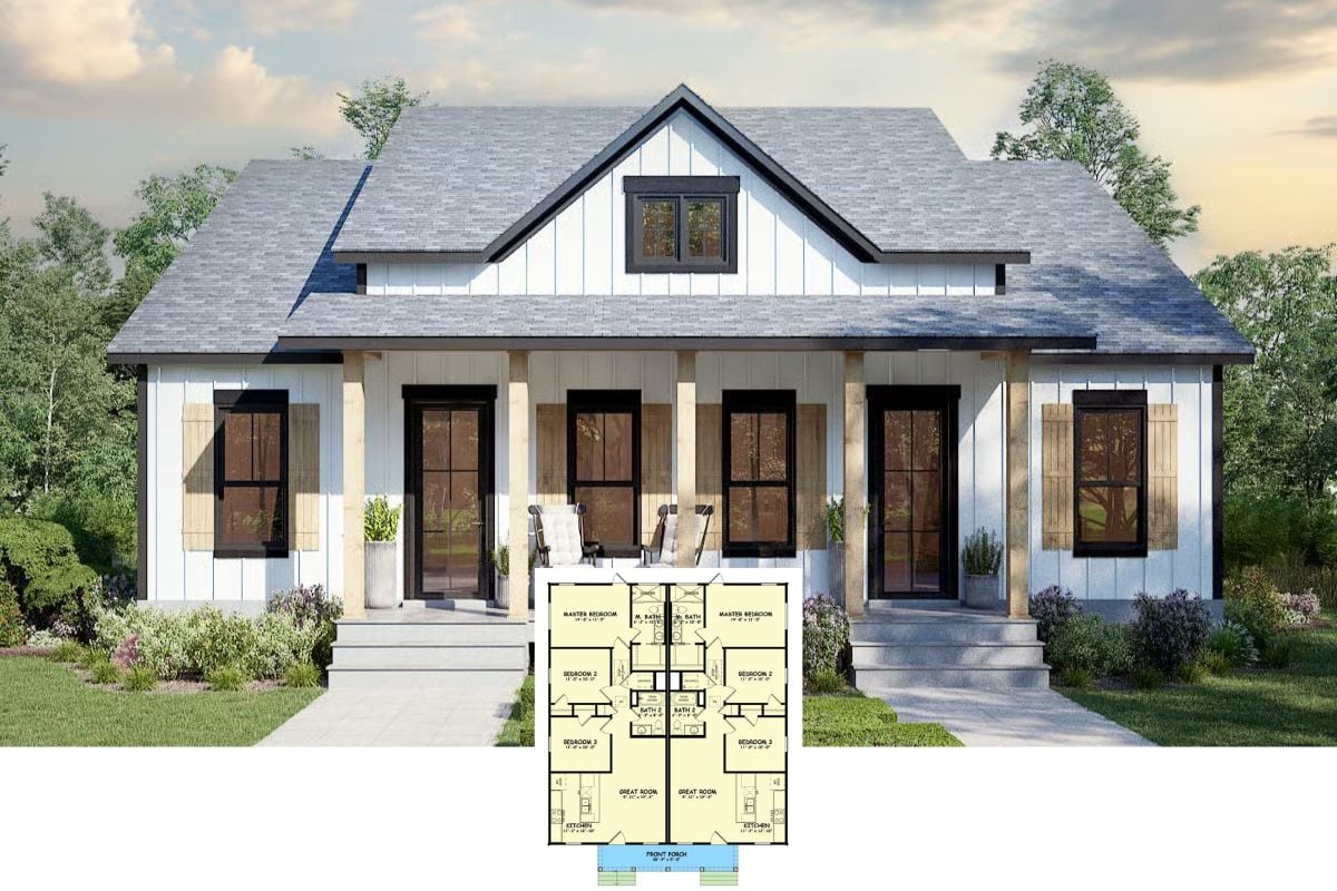 Modern Farmhouse Duplex with Front Porch and Matching 3-Bed Units (Floor Plan)