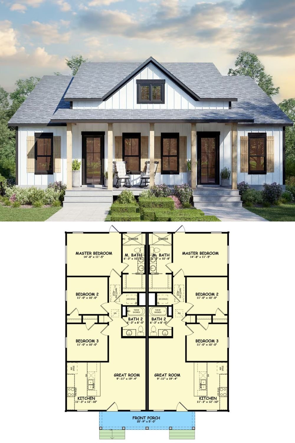 Modern Farmhouse Duplex with Front Porch and Matching 3-Bed Units (Floor Plan)