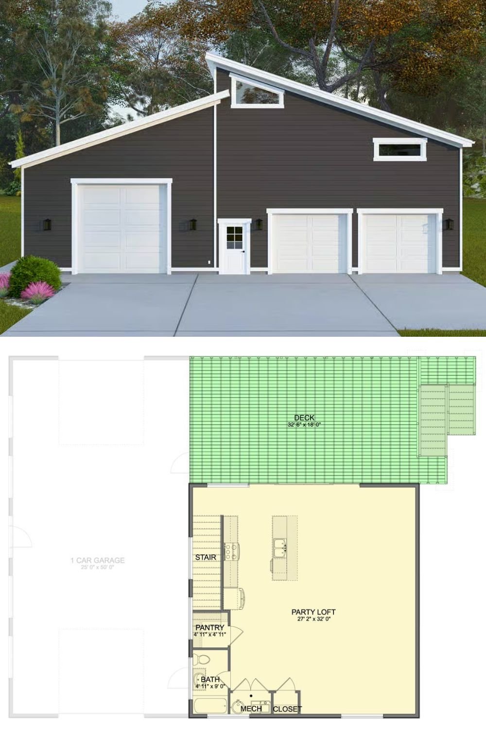 Modern Garage with Party Loft and Covered Patio (Floor Plan)