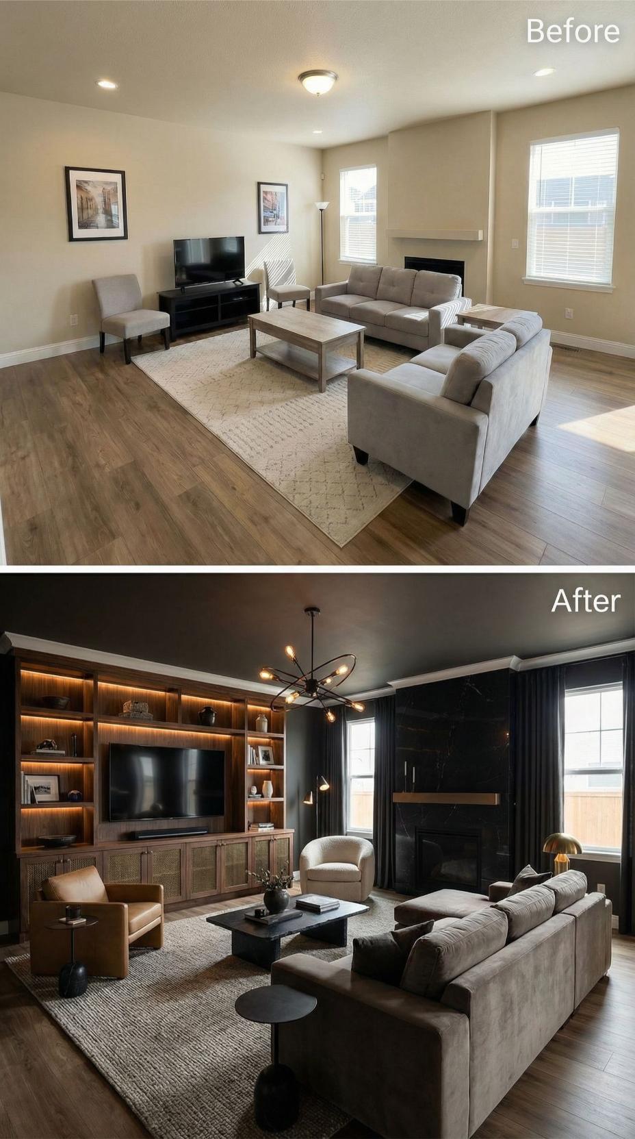 Dark Walnut Built-Ins and a Sputnik Chandelier Put the TV Stand Out of Its Misery