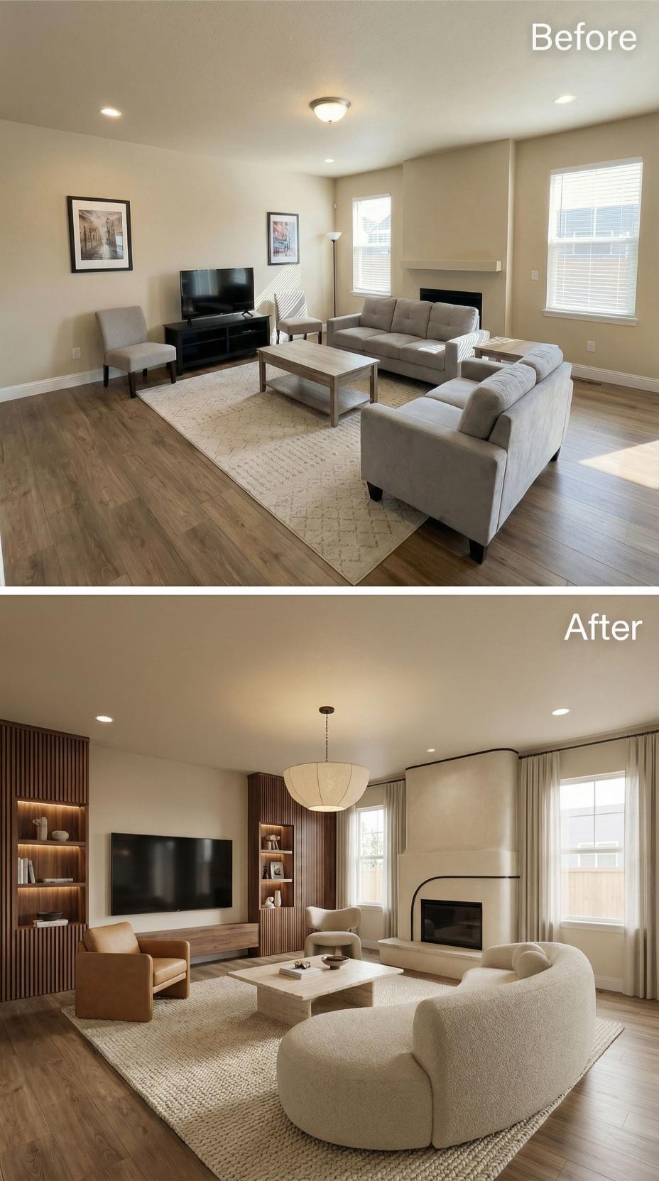 Slatted Walnut Panels and a Bouclé Sectional Bury the Basic TV-Stand Era