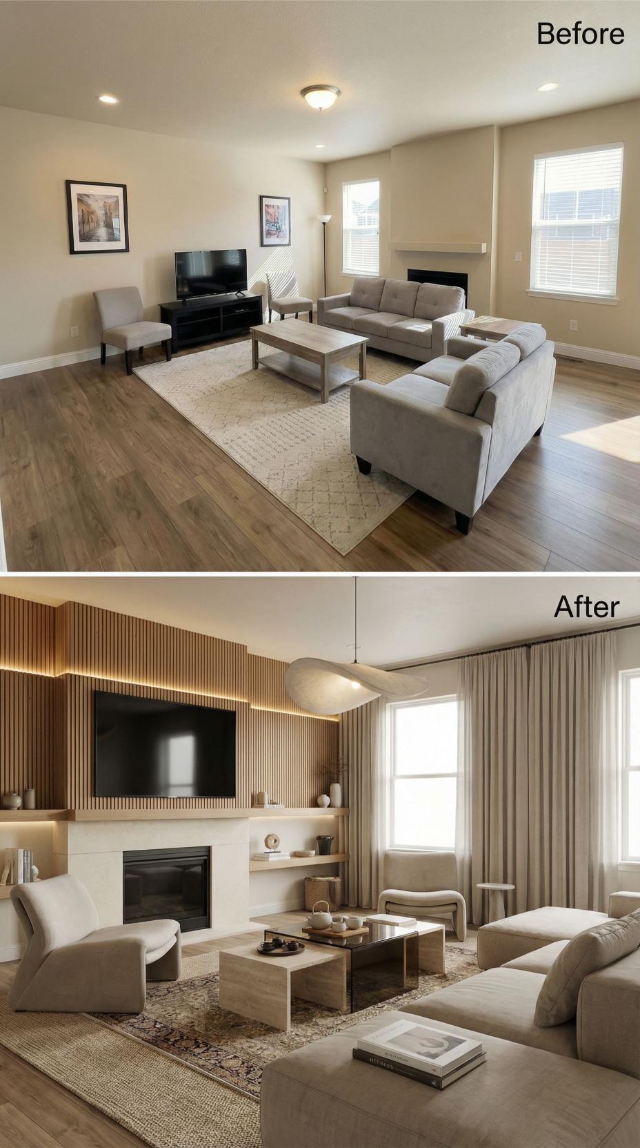 Slat Wall Backlighting and Floor-Length Drapes Bury the Builder-Grade Starting Point