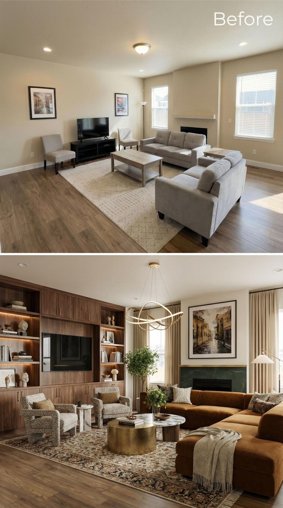 Walnut Built-Ins and a Rust Velvet Sectional Close the Chapter on Gray and Beige