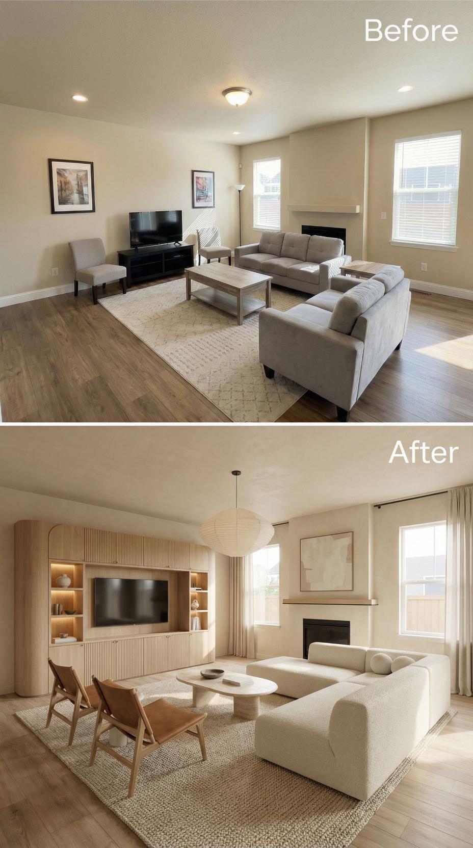 Light Oak Built-Ins and a Paper Lantern Pendant Pull a Beige Box Into Focus