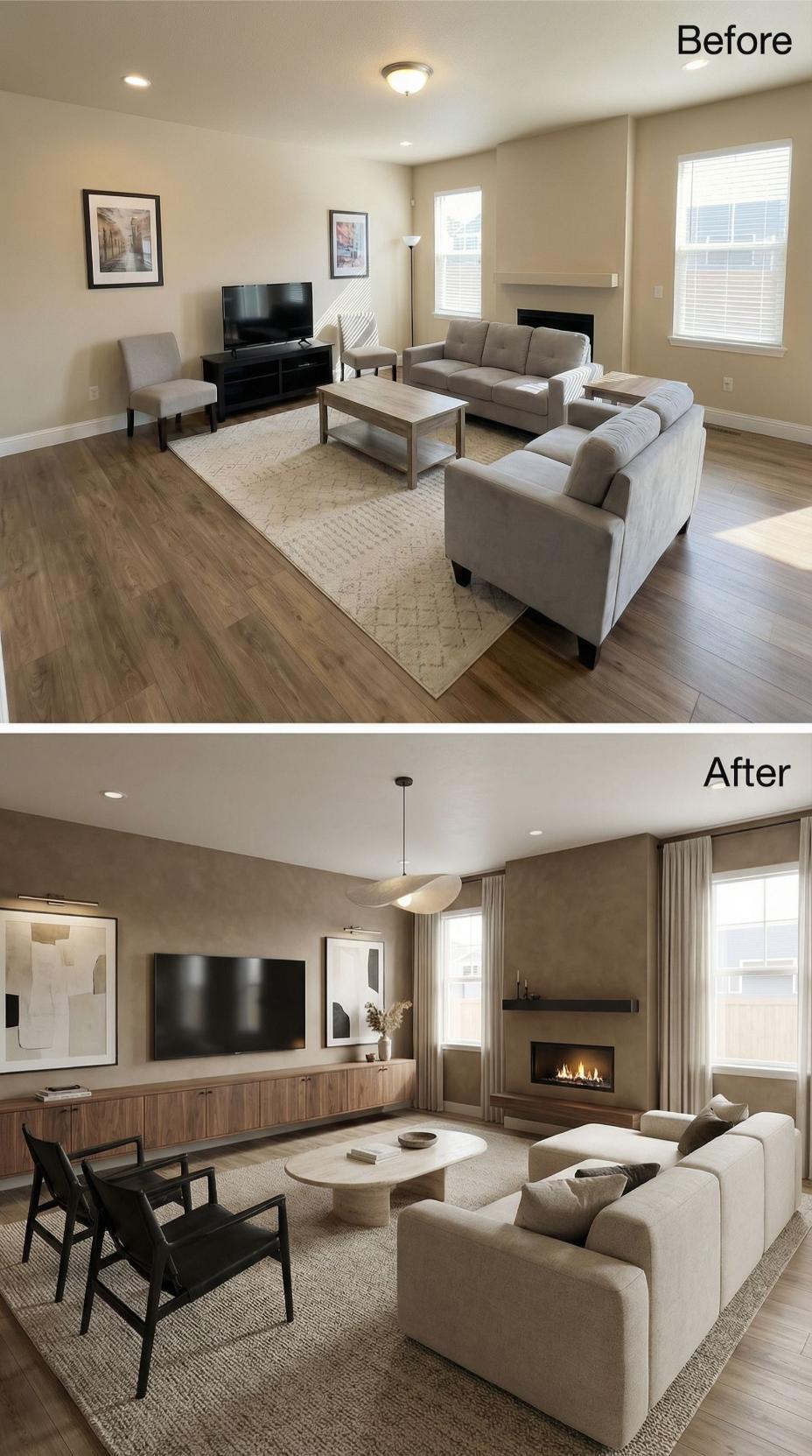 Limewash Walls and a Travertine Coffee Table Erase Every Trace of Builder Beige