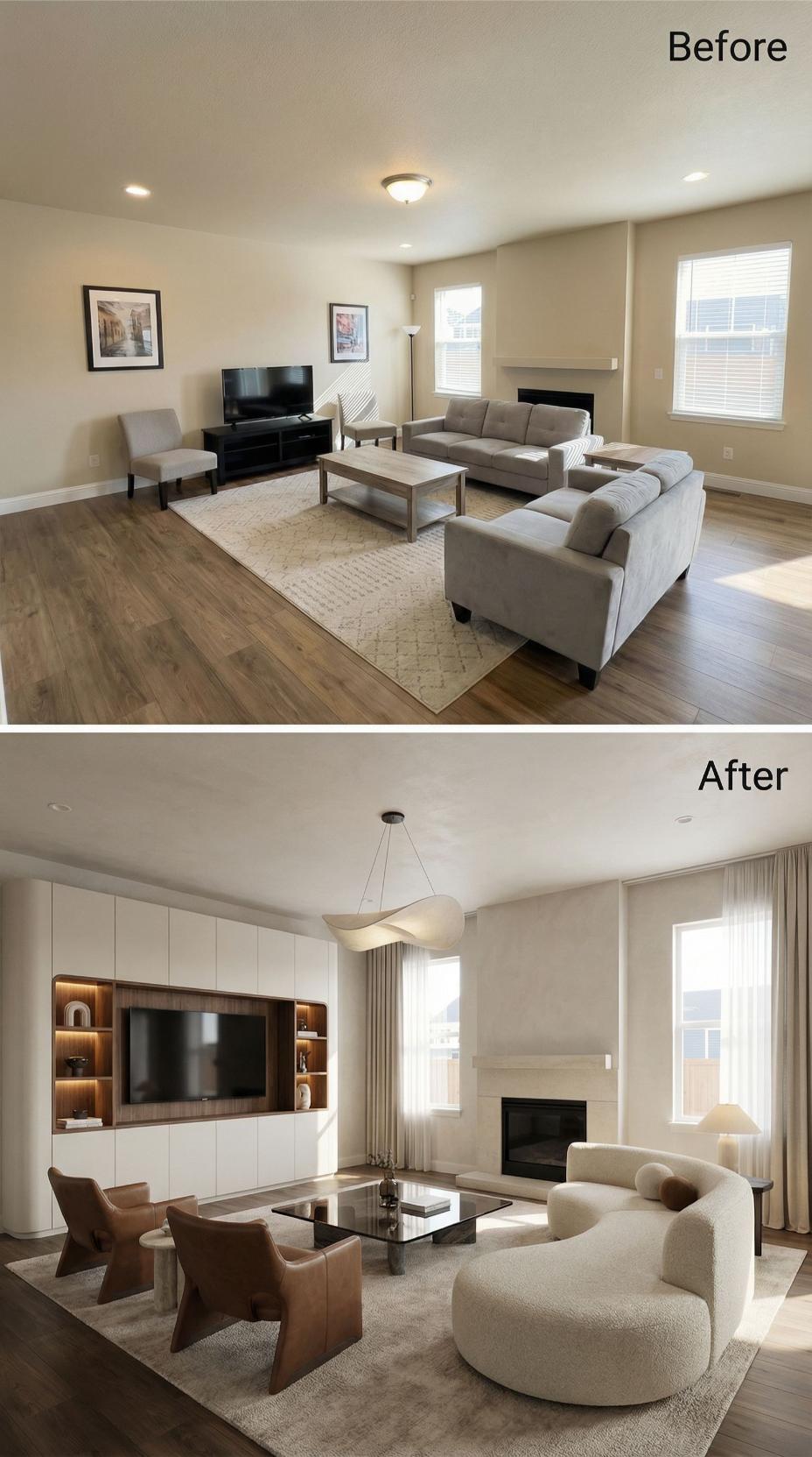 Walnut Open Shelving and a Sculptural Pendant Light Finish What Gray Sofas Started