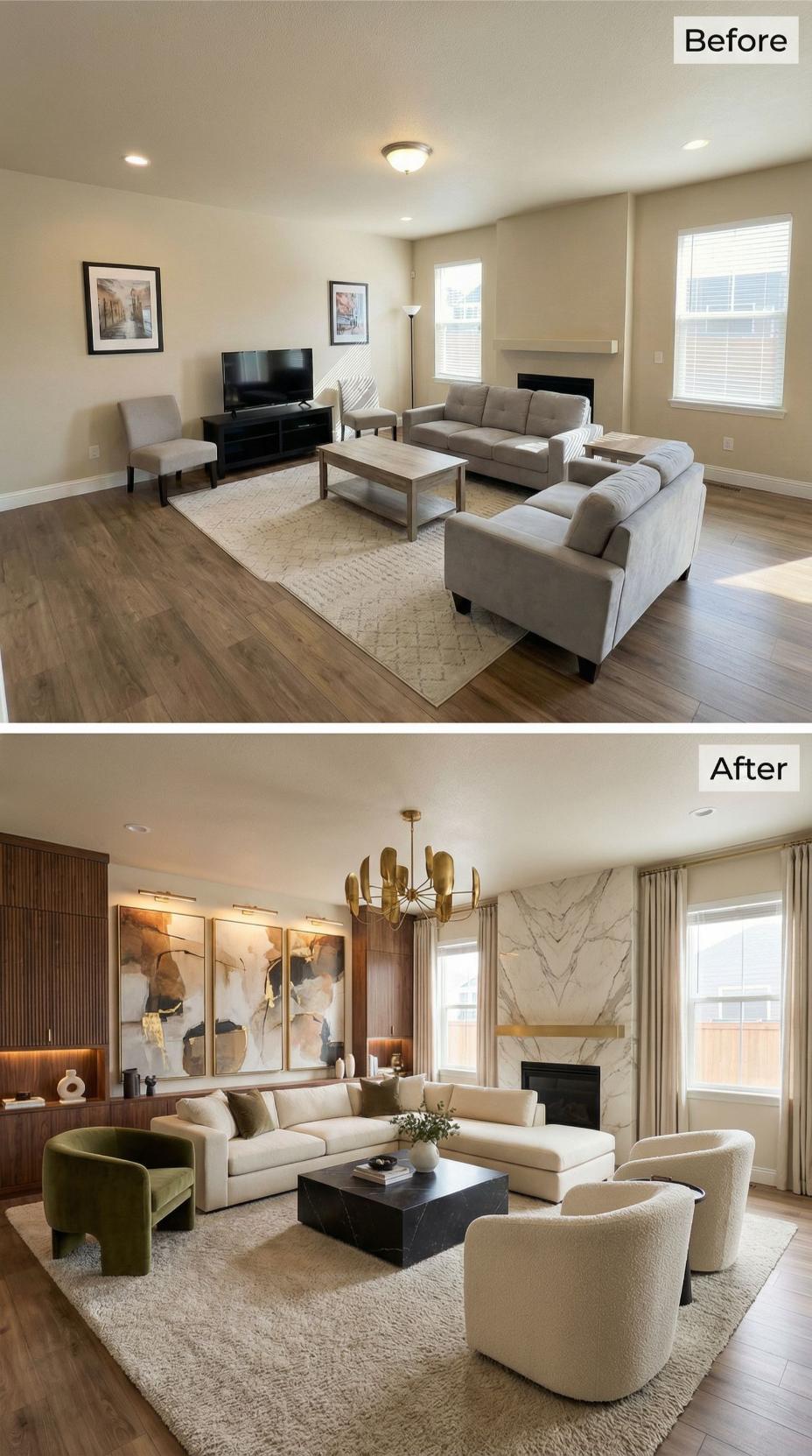 Marble Fireplace Surround and a Gold Chandelier Finish What Flat Beige Walls Started